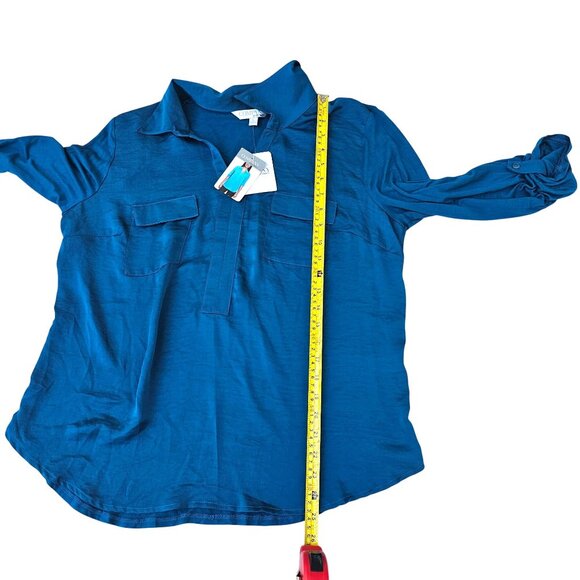 Company Ellen Tracy Sz L Enamel Blue Long Sleeve Roll Tab Blouse Lightweight NWT - Picture 10 of 14